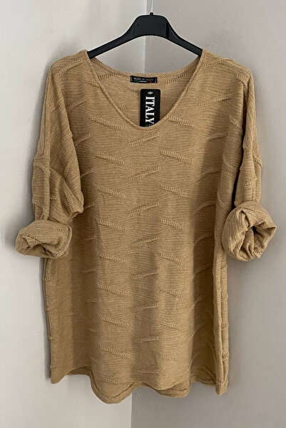 AYASOFYA OTANTIK Women's Italian Beige Round Neck Glitter Textured Long Sleev...