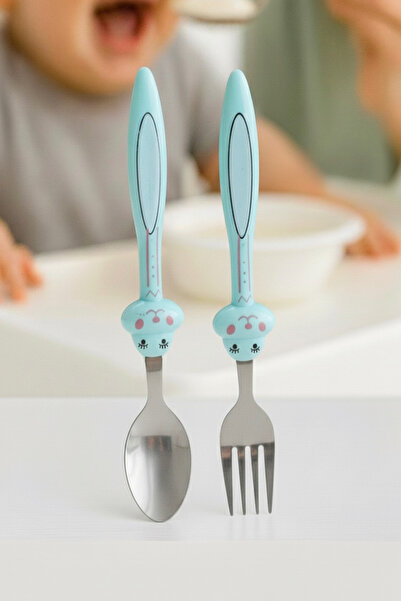 MorOflan Lüks Çocuk Bebek Çatal Kaşık Seti [MAVİ]