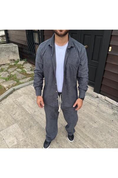 NERA GİYİM Erkek Füme Fitilli Kadife Kumaş Gömlek Pantolon İkili Takım