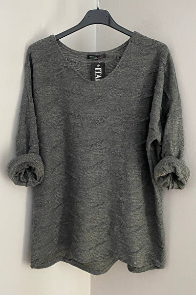AYASOFYA OTANTIK Women's Italian Grey Round Neck Glitter Textured Long Sleeve...
