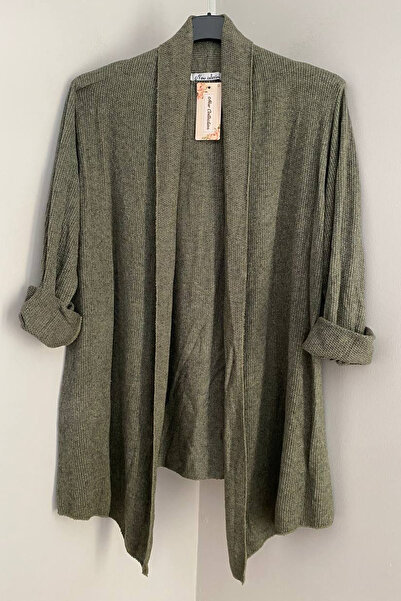 AYASOFYA OTANTIK Women's Italian Khaki Shawl Collar Sideless Slit Uncovered Loose Long Sleeve Textured Knitwear Cardigan Cap