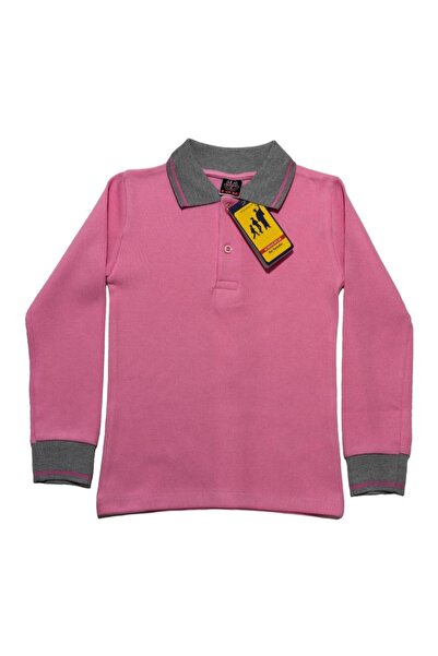 Polo Yaka Pamuklu Uzun Kol Gri Çizgili Yaka Pembe Çocuk Okul Tişört - T shirt