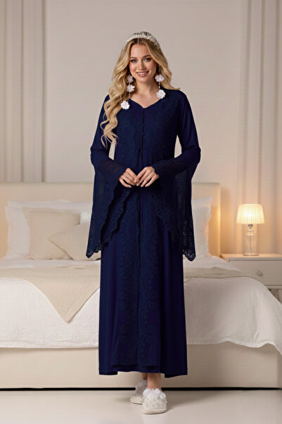 BLACKMORE طقم ملابس نوم للحوامل مكون من قطعتين بتصميم خاص باللون الأزرق الداكن مع دانتيل لحفلات استقبال المولود