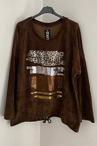 AYASOFYA OTANTIK Pulover tunică din catifea pentru femei, maro italian, cu gâ...