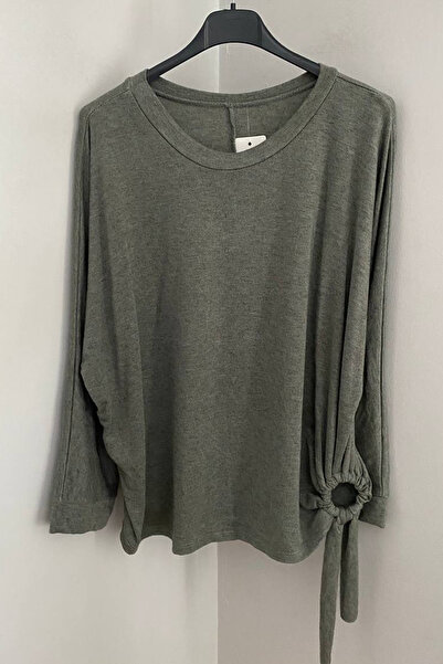 AYASOFYA OTANTIK Women's Italian Gray Round Neck Side Ring Lace Detail Knitwear Blouse Sweater