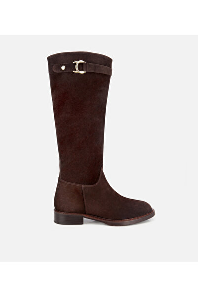 Hotiç Kadın Süet Deri Kahverengi Tokalı Binici Düz Çizme