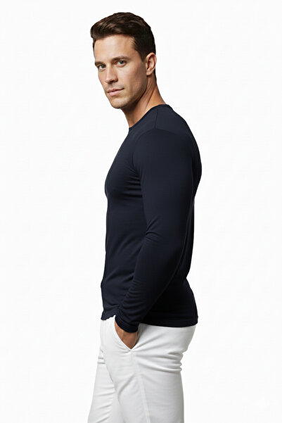 DeepSEA Lacivert Dar Kalıp Likralı %90 Pamuk Erkek Sweatshirt – Vücuda Oturan İnce Penye Sweat 2300423