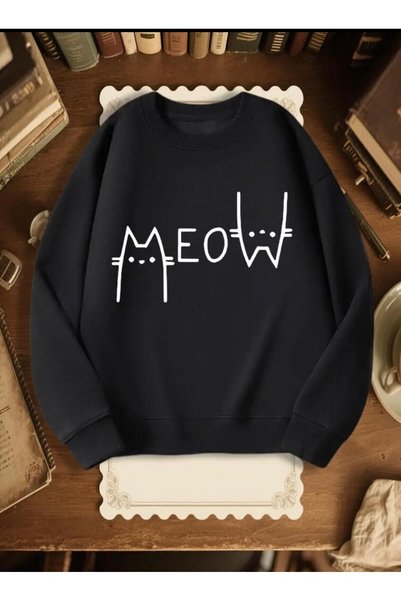 Oceanwear سويت شيرت Meow Cat مطبوع برقبة دائرية مبطن بالصوف للجنسين باللون الرمادي العادي