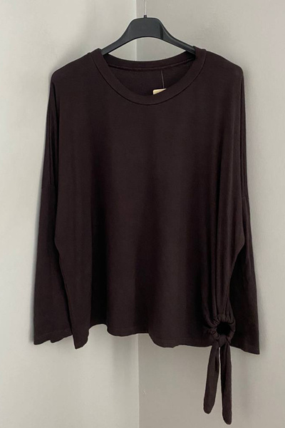 AYASOFYA OTANTIK Women's Italian Bitter Brown Round Neck Side Ring Lace Detail Knitwear Blouse Sweater