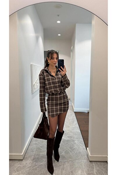 FMN Butik πριμοδόξης σχεδίασης καρό τετράγωνο ύφασμα με χοντρό κούμπωμα με λε...