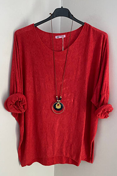 AYASOFYA OTANTIK Bluză casual din tricot pentru femei, roșu italian, cu accesorii pentru colier