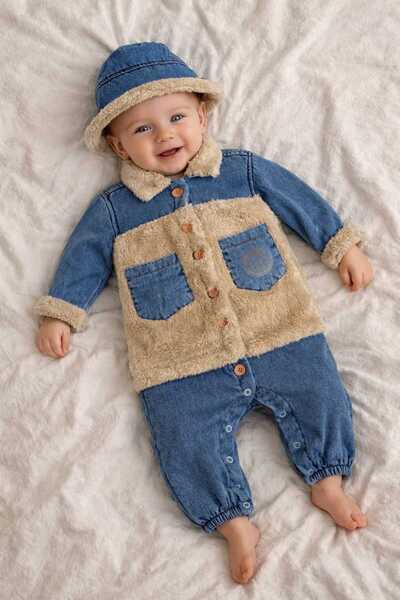 Midani Store Hat Baby Winter Furry Jeans Denim Jumpsuit with Hat Model Comfor...