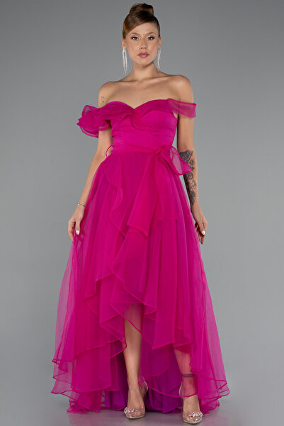 Abiyefon Fuşya Kayık Yaka Önü Kısa Arkası Uzun Mezuniyet Elbisesi ABO120