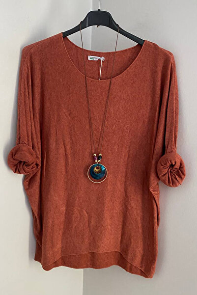 AYASOFYA OTANTIK Women's Italian Cinnamon Casual Knitwear Blouse with Necklace Accessories