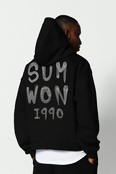 CLASSY.MODA Unisex oversized με κουκούλα SUM WON 1990 Στάμπα με τύπωμα Φούτερ...