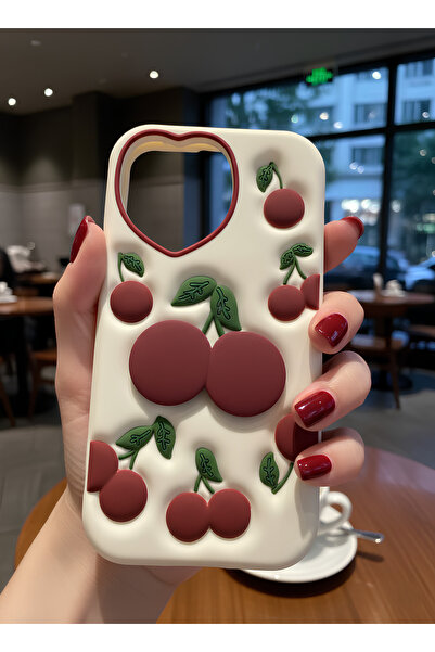 TechTrove Apple iPhone 15 Uyumlu Kabartmalı 3D Kiraz Desenli Kalpli Kamera Korumalı Lansman Silikon Kılıf