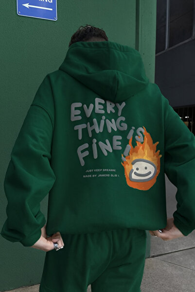 CLASSY.MODA Unisex supradimensionat cu glugă Everything Is Fine Text & Flame ...