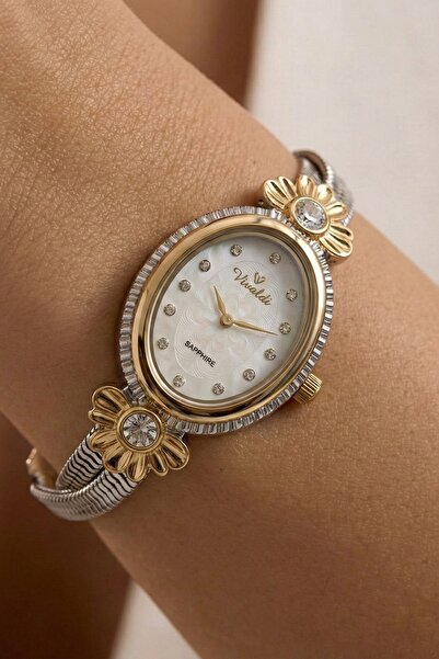 Vivaldi Kadın Oval Kadran Çiçek Detaylı İki Renk Bilezik Kol Saati | 2 Yıl Ga...