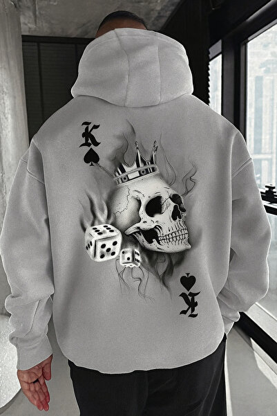 CLASSY.MODA Unisex supradimensionat cu glugă King Skull Crown Dice Pattern Mug Symbol cu imprimeu Streetwear Swea tricou