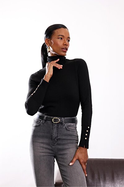 5in1Canpolat Tricotaj negru cu gât roșu 5089