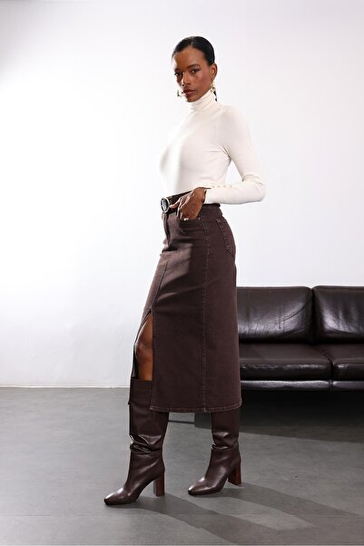 5in1Canpolat Brown Midi Length Slit Denim Skirt 762