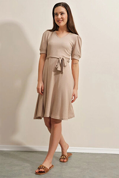 nedo7 2370 Belted Knitted Dress - Beige