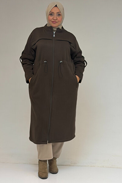 Eslina 43065 Căciulă cu trei fire cu fermoar frontal și guler mare - maro