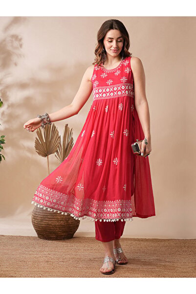 Globus By Styli Red Floral Embroidered Pleated Kurta and Pants Set