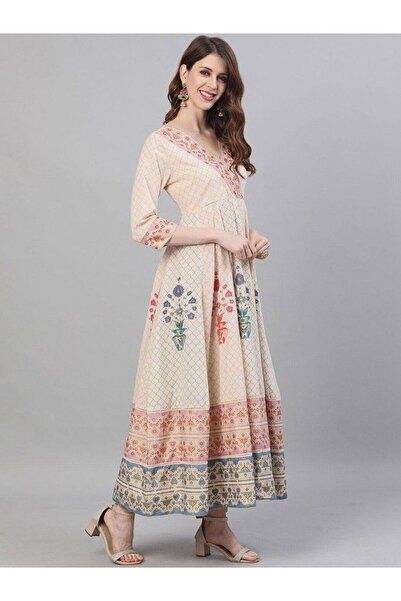 Ishin By Styli Women Beige Printed Kurta with Anarkali Dupatta Set