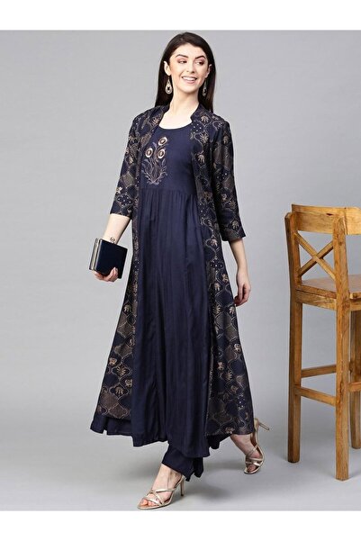 Ishin By Styli Women Dark Blue Printed Kurta with Palazzos and Jacket Set