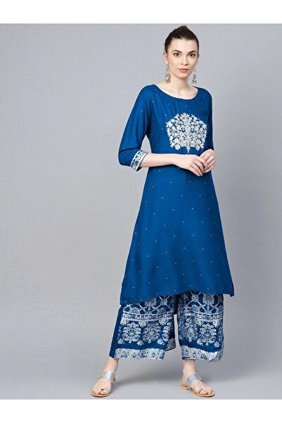 Ishin By Styli Women Blue Embroidered Kurta with Palazzo Set