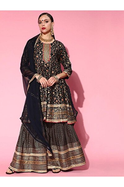 Ishin By Styli Women Navy Blue Floral Embroidered Pure Rayon Kurta with Sharara and Dupatta Set