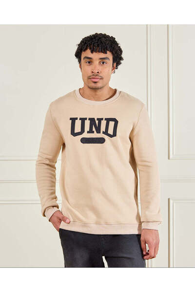 REDTAG Men Beige Crew Neck Chest Applique Sweatshirt