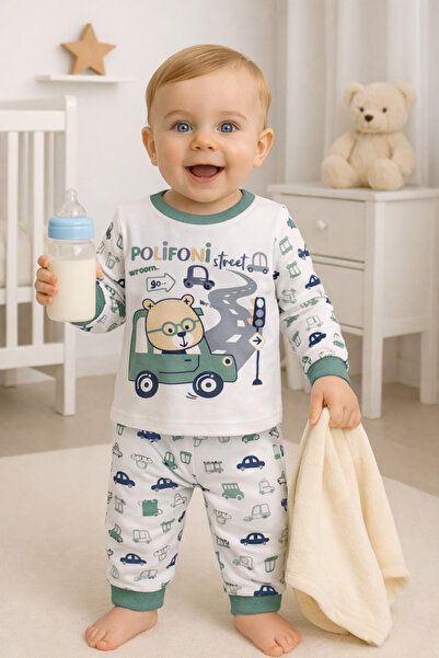 poli foni Erkek Bebek Arabalı 1-2-3 Yaş Pijama Takımık