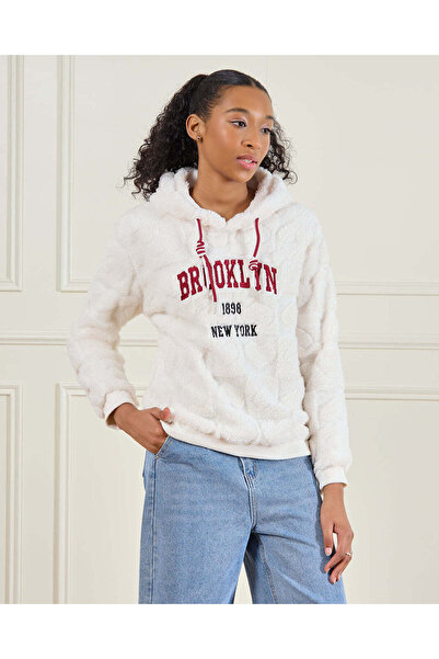 REDTAG Senior Girls Beige Fur Hooded Sweatshirt
