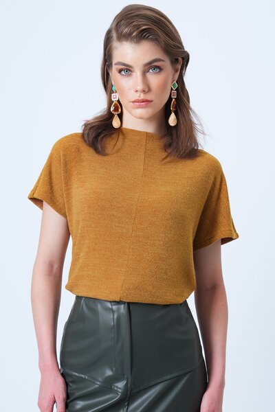 Trend Alaçatı Stili Senffarbene Strickbluse mit Stehkragen und halben Ärmeln ...