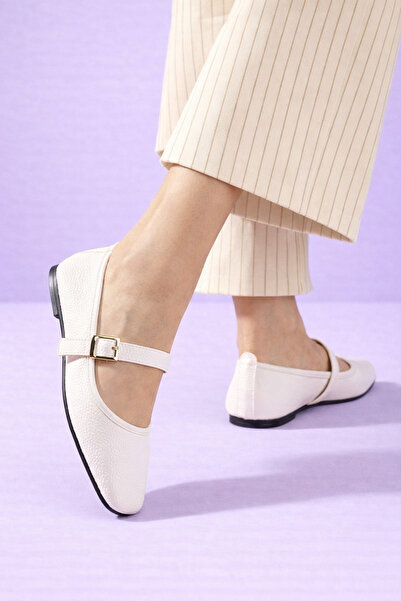 STOCON Valessa White Natural Gold Buckle Belt Strap Ballerina Shoes Stc1200