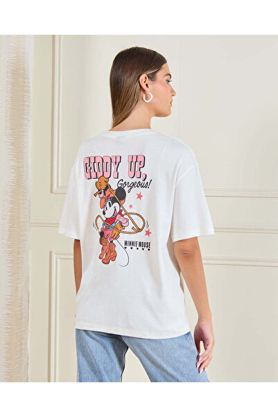 REDTAG White Mickey Mouse Graphic Oversized T-shirt