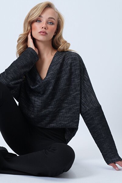 Trend Alaçatı Stili Women's Anthracite Degaje Collar Wide Cut Knitted Blouse ...