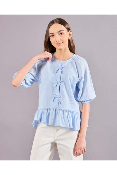 REDTAG بلوزة زرقاء للبنات في المرحلة الثانوية مزينة بفيونكة أمامية