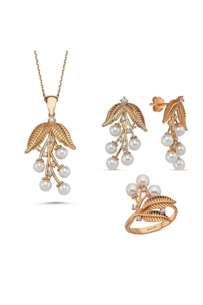 Birinci 14 Ayar Altın 4 mm Zeytin Dalı Doğal İncili Küpe Kolye Yüzük Üçlü Set