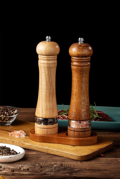 ebulduk Wooden Spice Salt Grinder Mill Salt Shaker Seasoning Container with Acrylic Divider 22 cm Set of 2 2 Colors