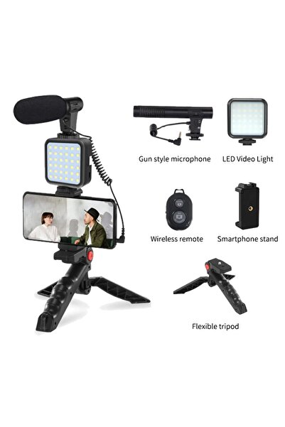 Mmctech Profesyonel Vlogging Seti Video Kiti Tripod Mikrofon Led Işık Telefon...