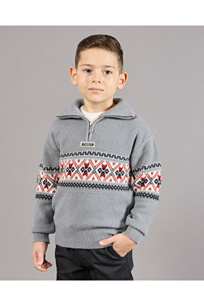 REDTAG سويت شيرت رمادي مطبوع للأولاد بنصف سحاب