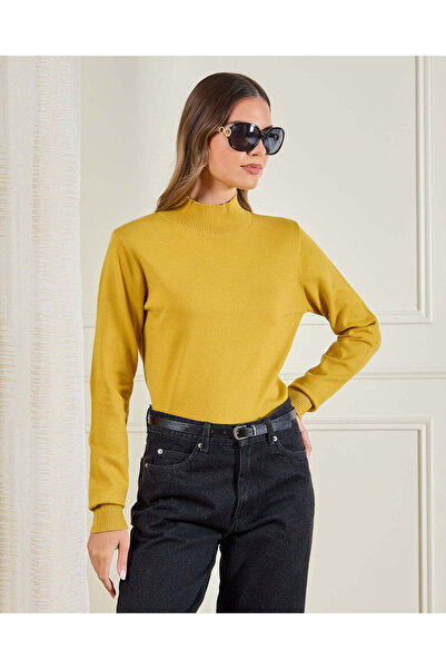 REDTAG Women Yellow High Neck Rib Pullover