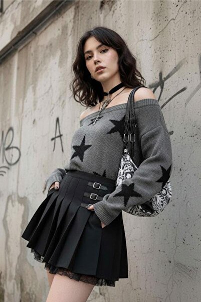 Karakedi Anthracite Stars Strappy Y2K Knitwear Sweater