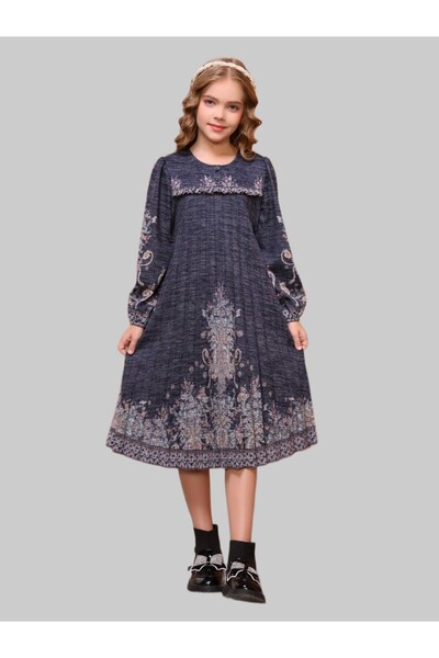 LALEENA FASHION فستان بناتي شتوي بتصميم أنيق بلون أزرق جذاب مزين بنقشة