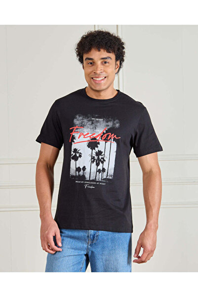 REDTAG Men Black Graphic Print T-Shirt