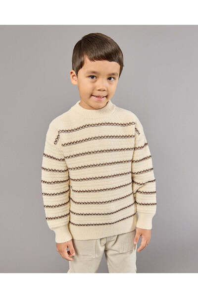 REDTAG Boys Cream Striped Crew Neck Sweatshirt