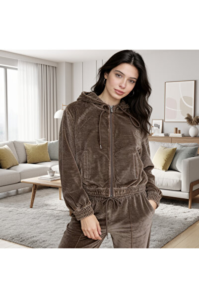STYLENEST Kadın Kahverengi Kadife Eşofman Takımı Kapüşonlu Fermuarlı Rahat Kesim